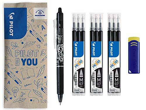 Pilot Pen Pilot FriXion Clicker, uitwisbare rollerbalpen (zwart) + 9 vullingen + FriXion gum