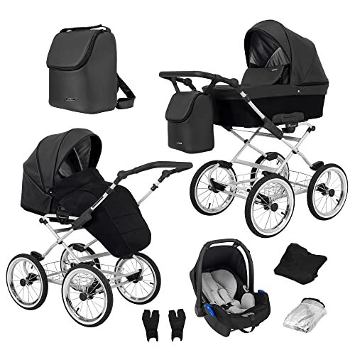 Lux4Kids ChillyKids Retro kinderwagen, 3-in-1, 2-in-1, combikinderwagen, set + accessoires, kleurkeuze, romantisch grijs, kleur donker nacht ROM-11, 2-in-1 zonder babyzitje