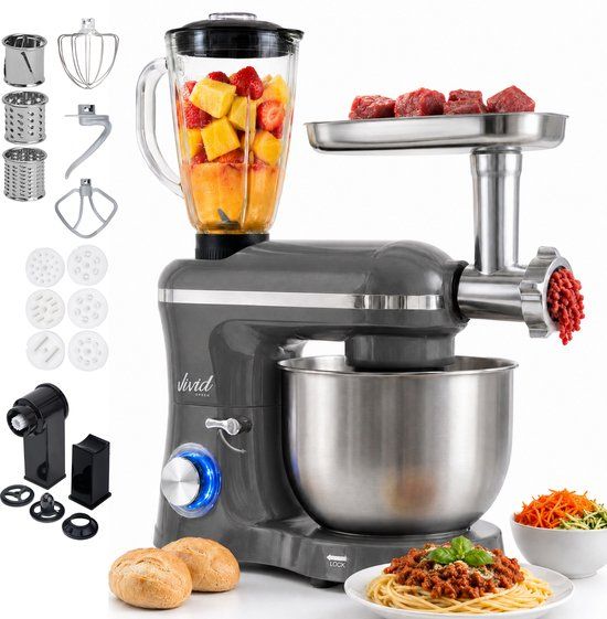 Vivid Green Keukenmachine Multifunctioneel - 2000W - Keukenrobot - Keukenmixer - Mixer met Mengkom - Gehaktmolen en Blender - 6.2L - Grijs