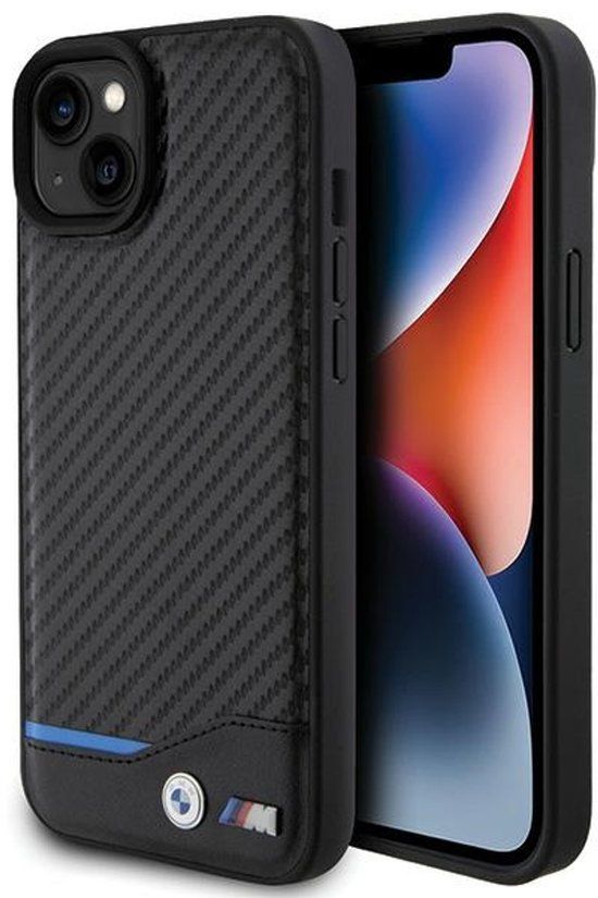 BMW iPhone 15 Plus Backcase hoesje - Leer - Effen Zwart