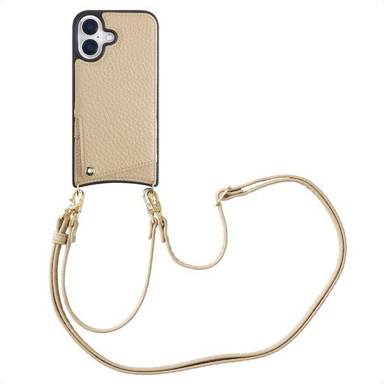 Selencia Hoesje - Geschikt voor Apple iPhone 16 - Backcover met koord en pashouder - Beige