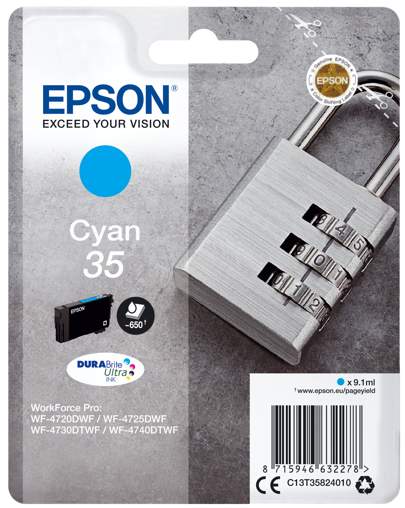 Epson Padlock Singlepack Cyan 35 DURABrite Ultra Ink single pack / cyaan