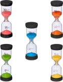 Relaxdays zandloper set, 5-delig, theetimers, 1/5/10/15/30 min, H x Ø: 16 x 5,5 cm, douchetimers kinderen, kleurrijk
