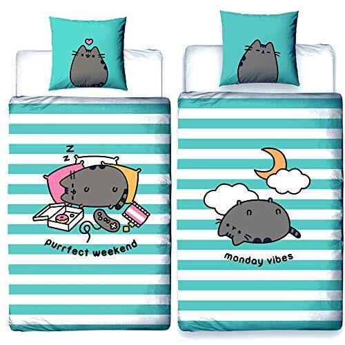 BERONAGE Pusheen beddengoed Purrfect Weekend in roze/turquoise kussensloop 80 x 80 cm + dekbedovertrek 135 x 200 cm 100% katoen linon renforcé Sweet Cat schattige kat 2 volledige motieven omkeerbaar beddengoed ritssluiting