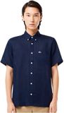 Lacoste Crocodile Linnen Regular Fit Korte Mouw Heuphoogte Navy Mannen Overhemd