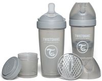 Twistshake 2x Pro Double Anti-Koliek Babyfles met Melkpoedercontainer en Mixer - 330 ml | Snelle Stroom Siliconen Borstachtige Speen | BPA-Vrije Babyfles | Geschikt voor Baby's Vanaf 4m+ | Grijs