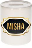 Bellatio Decorations Shoppartners Bv Spaarpot met voornaam Misha - wit - met goud/zwart embleem - 8 x 9 cm - keramiek - met afsluitdop - cadeau verjaardag