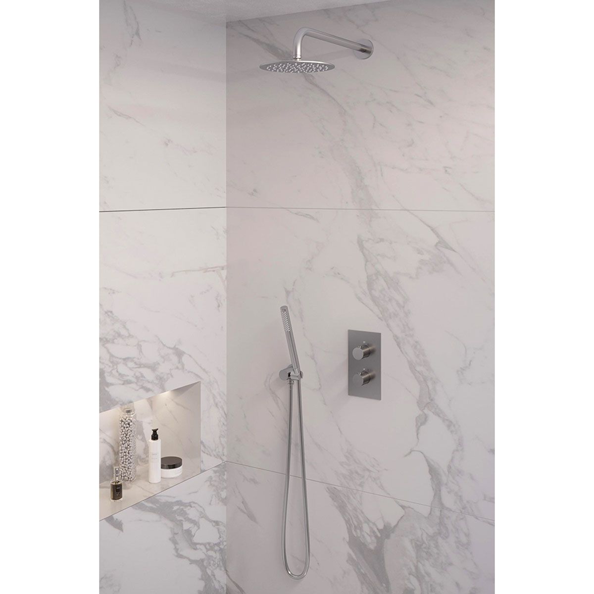 Brauer Regendoucheset 27 Inbouw Muur Brushed Edition 20cm Rond Geborsteld Nikkel PVD 2 Greeps 3-weg met Thermostaatkraan en Staafhanddouche