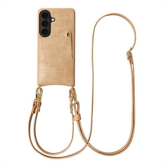 Selencia Hoesje - Geschikt voor Samsung Galaxy S26 - Croco Backcover met koord en pashouder - Toasted Almond