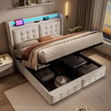 MODFU Gestoffeerd Tweepersoonsbed – 140x200 cm – USB-C & LED – Opbergruimte – Katoen-Linnen – Beige