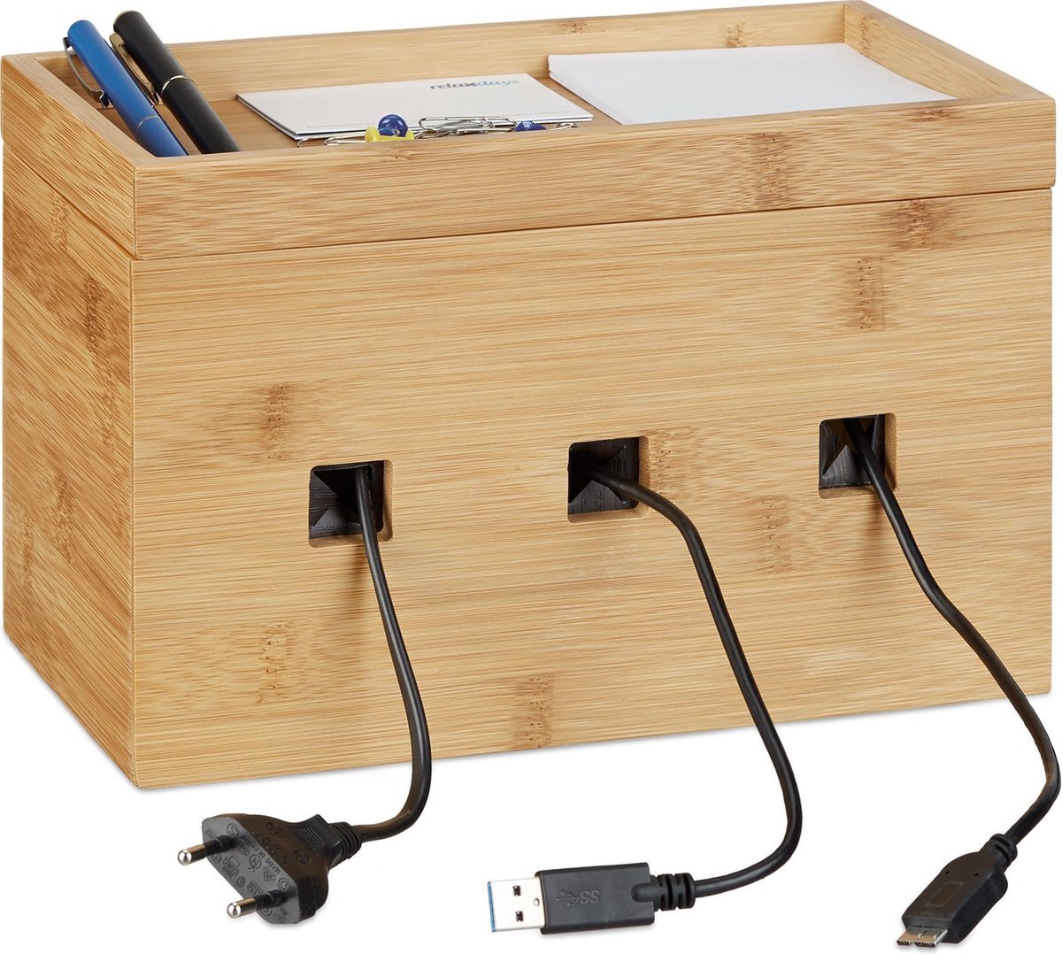 Relaxdays kabelbox bamboe - kabelmanagement hout - bureau multi-oplaadstation - cable box