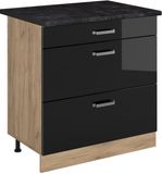 Vicco Keukenonderkast R-Line, Zwart hoogglans/Goudkleurig Eiken, 80 cm met 3 laden antraciet werkblad