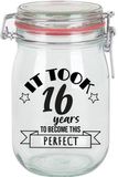Bellatio Decorations Verjaardag cadeau voorraadpot - leeftijd 16 jaar - glas - 1 liter - snoeppot