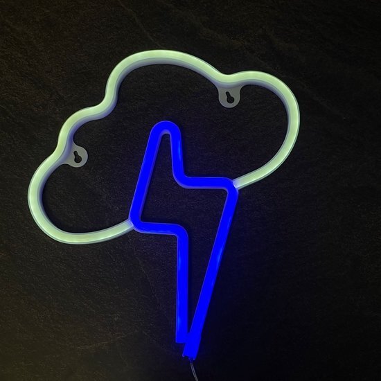 GoodMoodLights Lightning Cloud - Blauw met Wit - NEON-SIGN - Hangmodel - Neon led sign - Kunststof - Niet verstelbaar - Voor binnen - Geen fitting - Aan/uit schakelaar - op product - USB - Batterij - Geen personage - Bliksem