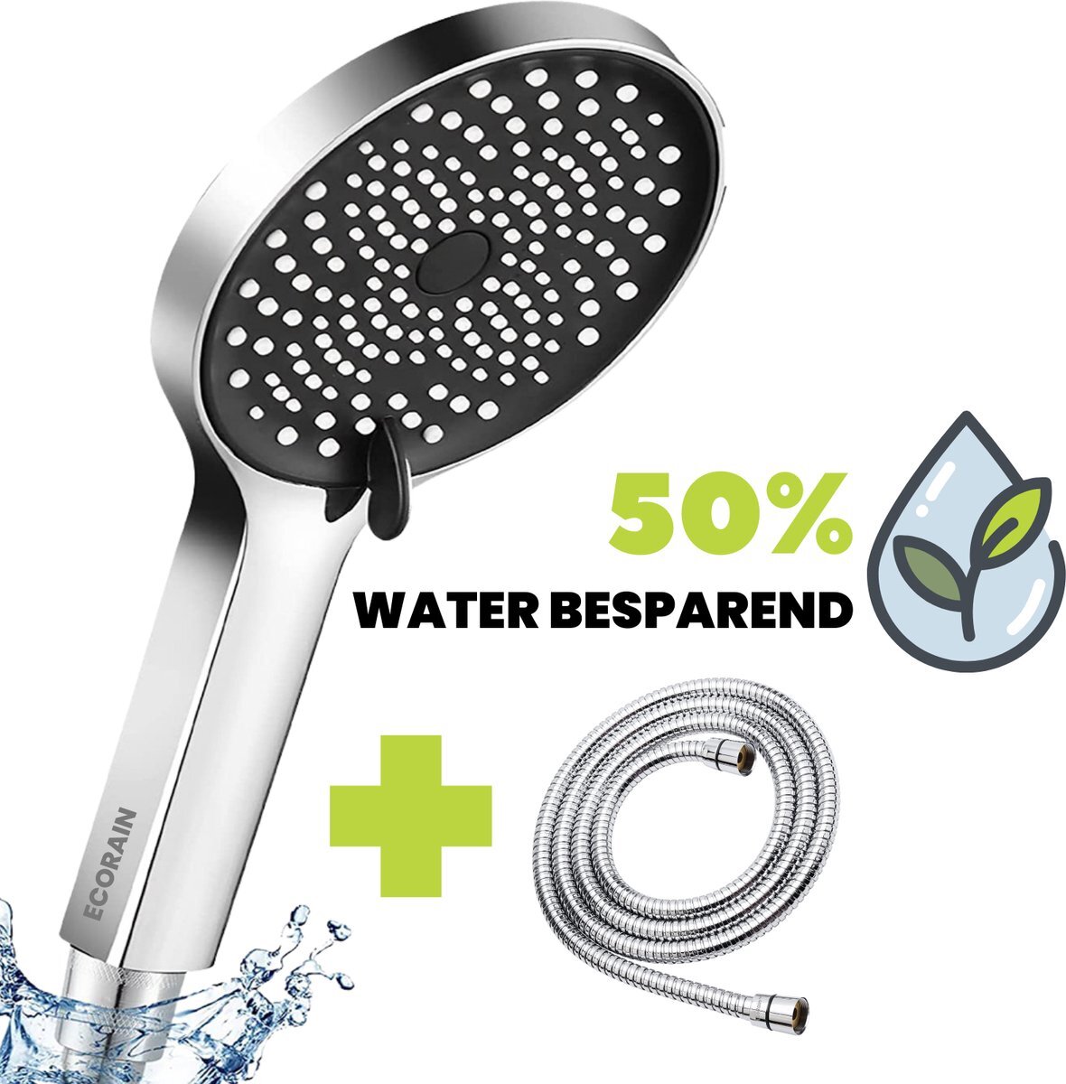 EcoRain EcoRain™ Charly Waterbesparende Douchekop met Doucheslang - 50% Waterbesparend - Regendouche 13 cm - 3 Sproeistanden - Hoge Druk - Handdouche - Chrome