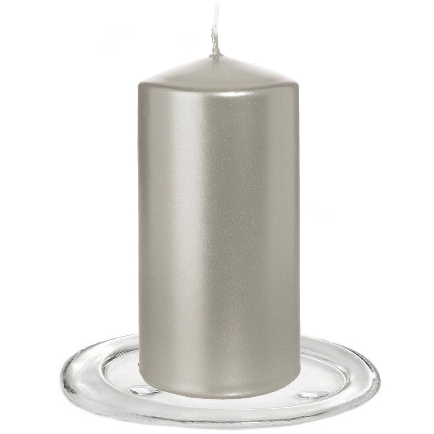 Trend Candles - Stompkaarsen met glazen onderzetters set van 2x stuks zilver metallic 6 x 12 cm