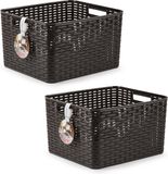 Plasticforte Opbergmand - 2x - Kastmand - rotan kunststof - donkerbruin - 28 Liter - 34 x 40 x 23 cm