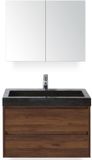 BES LED Dante Badmeubelset 80 cm - Walnoot - Wastafel Hardsteen Wit Lucca met Spiegelkast