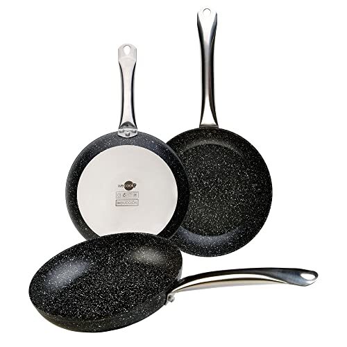 WECOOK Granieten set met 3 pannen, inductie, 18-20-24 cm, gesmeed aluminium, ecologisch, PFOA-vrij, stalen handgrepen, geschikt voor alle soorten fornuizen, glaskeramiek, gas, oven