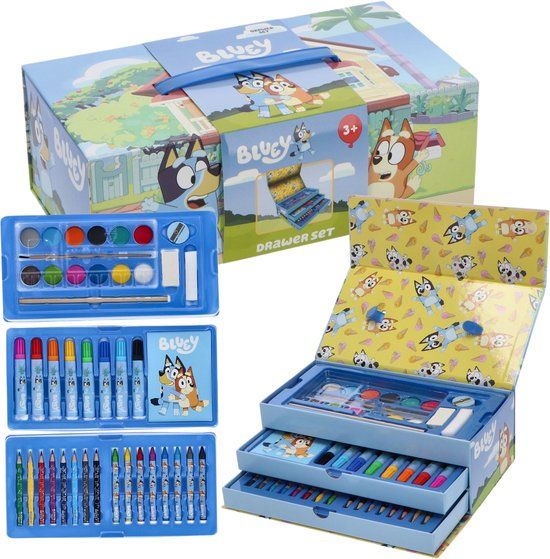 Bluey Kleurdoos met 3 Lades - Stiften - Potloden - Verf - Krijtjes
