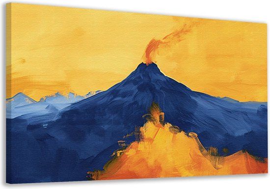 Merkloos / Sans marque Canvas Schilderij - Vulkaan - 60x40 cm - Geel/Oranje/Blauw
