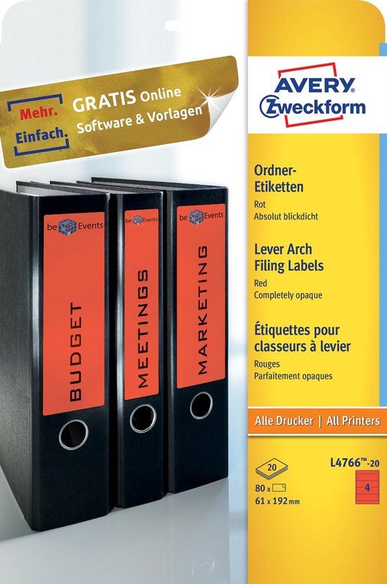 Avery Ordnerrugetiketten Zweckform L4766-20 - Rood - 140 Stuks