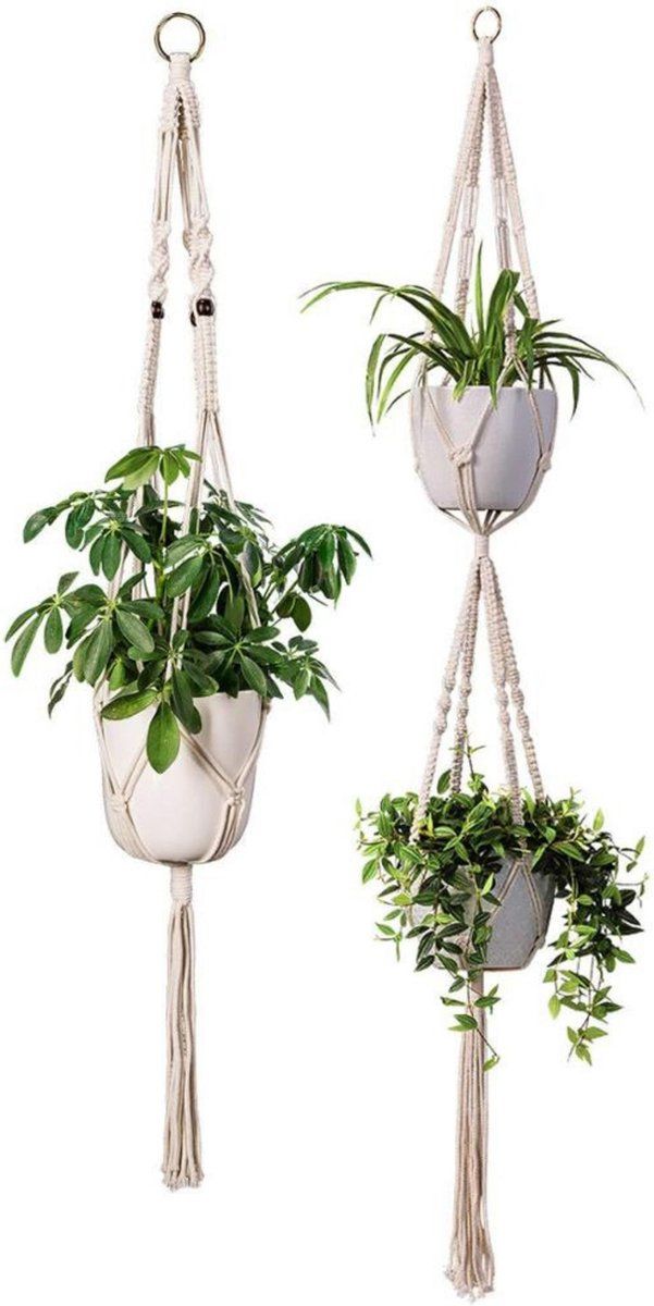 Fienosa® Plantenhanger Macrame Set van 2 - Plantenhangers voor 3 Potten - Katoen