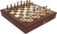 Italfama Italiaanse schaakstukken, klassiek design, metaal/hout + schaakbord van walnoot/esdoorn, 43 cm, met lade