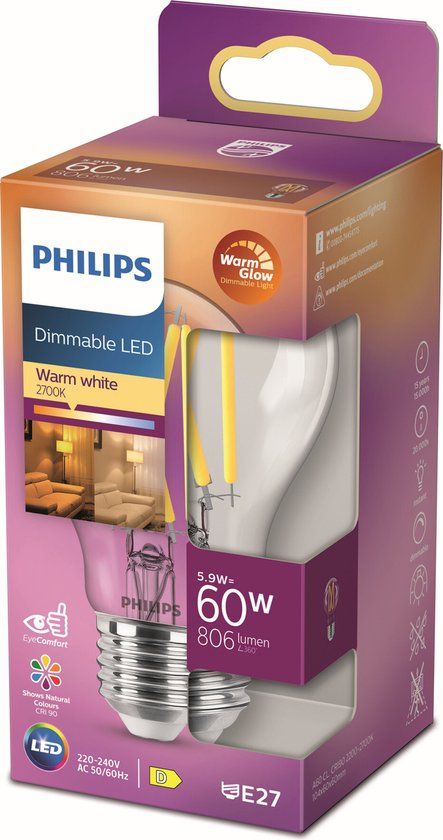 Philips LED Lamp E27 | 60W Equivalent | Dimmable | Warm White Light