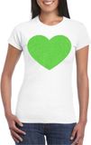 Bellatio Decorations Verkleed shirt voor dames - hart - wit - groen glitter - carnaval/themafeest M