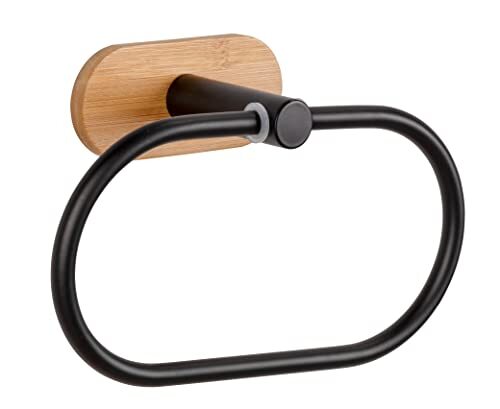 WENKO Turbo-Loc Orea Bamboo Handdoekring, houder voor handdoeken van zwart mat gelakt roestvrij staal gecombineerd met een wandhouder van bamboe, bevestiging zonder boren, 19,5 x 12,5 x 8 cm