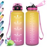 Motiverende drinkfles, 1,5 l, waterfles met rietje, lekvrij, herbruikbaar, sportdrinkfles met motiverende tijdweergave, voor sport, camping