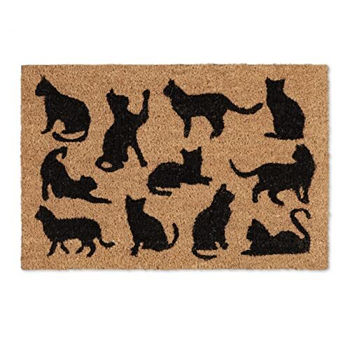 Relaxdays Voetmat kokos, kattenmotief, kokosmat 40x60cm, anti-slip PVC-coating, entree, natuur/zwart