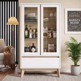 STILVORA Vitrinekast Met Glazen Deuren En Verstelbare Planken - Opbergkast Met Lade Voor Eetkamer En Woonkamer - Wit En Houtkleur - 80x40x150 Cm