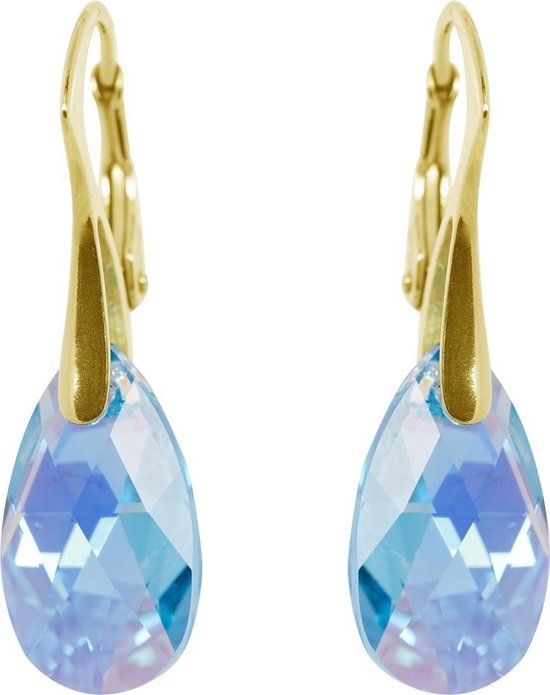 DBD Gold Plated Silver Earrings - Drop - Swarovski Crystal Elements - Aquamarine Blue - 16MM - Anti Allergic