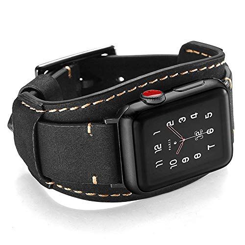 Leotop Echt lederen horlogeband Manchetvervangende armbanden voor iWatch Series 7/6/5/4/3/2/1 SE (Zwart)