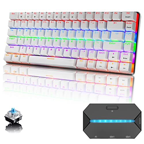 CROSS ZEBRA 82 Toetsen Bedraad Gaming Mechanisch Toetsenbord en Adapter, 80% Rainbow LED Blauwe Schakelaars Anti-Ghosting Compact Toetsenbord voor Windows Mac Linux PC PS4 XBox N-Switch Console Gamers, Wit