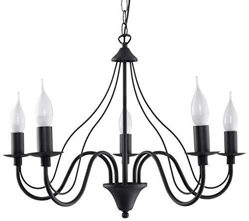 SOLLUX lighting Minerwa 7 Candlestick kroonluchter, plafondhanglamp, glamourstijl, verwisselbare E14-lamp, 7 x 40 W, staal, 60 x 60 x 80 cm, zwart
