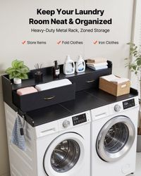 Vevor Plan de travail pour lave-linge et sèche-linge avec étagère, 137 x 69,9 cm Plateau en bois pour lave-linge et sèche-linge avec 2 tiroirs et crochets, Plan de travail pour lave-linge pour armoire à linge, Plan de travail pour garde-manger pour organisation et rangement, Noir