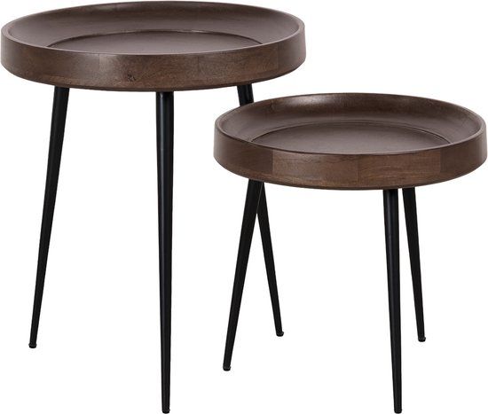 Lewis & Loft Salontafels Luus - Mangohout - Metaal - Rond - Walnoot bruin - Set van 2