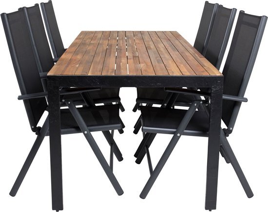 Hioshop Bois tuinmeubelset tafel 90x205cm en 6 stoel Break zwart, naturel.