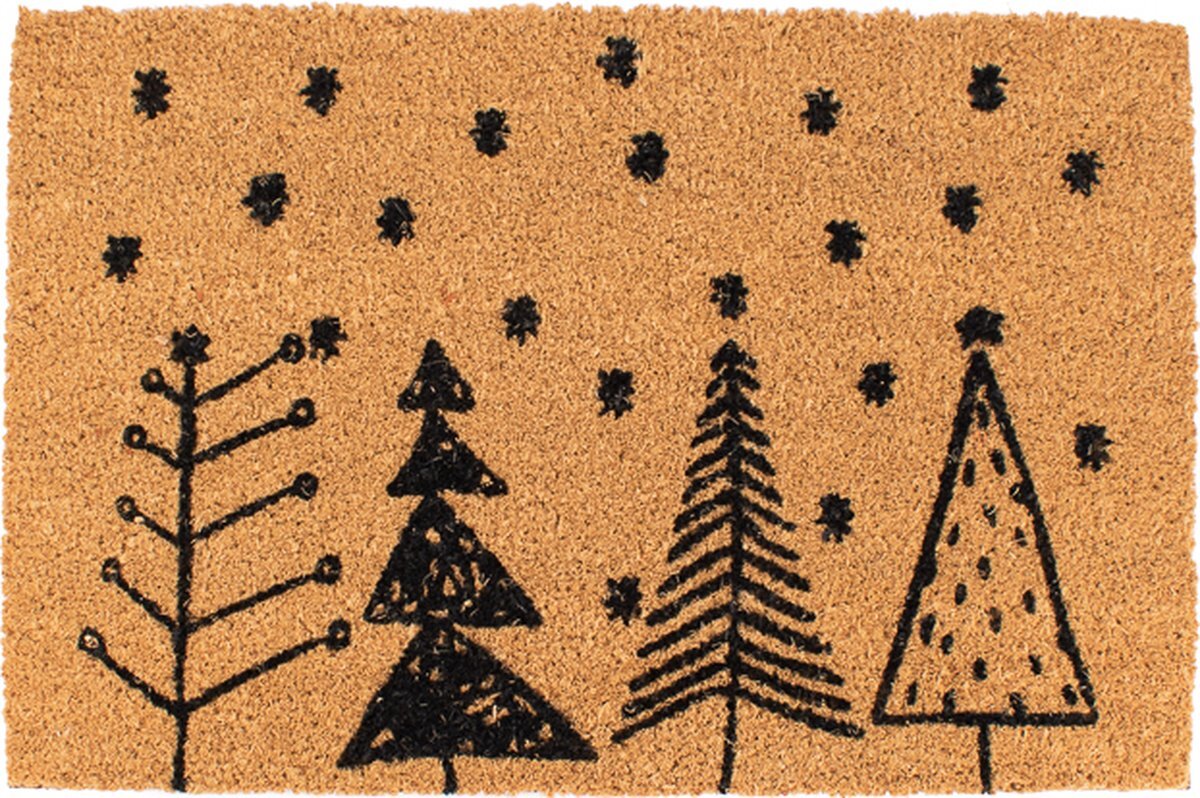 House of Seasons Schoonloopmat - Deurmat - Kerst mat - 60cm x 40cm x 1.5cm (LxBxH) - Bruin met Kerstbomen en Sterren