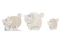 DRW Set van 3 katten van hout en keramiek, wit en natuurlijk, 8 x 2,5 x 10 – 16 x 5 x 12 – 23 x 5 x 19 cm