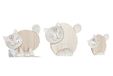 DRW Set van 3 katten van hout en keramiek, wit en natuurlijk, 8 x 2,5 x 10 – 16 x 5 x 12 – 23 x 5 x 19 cm
