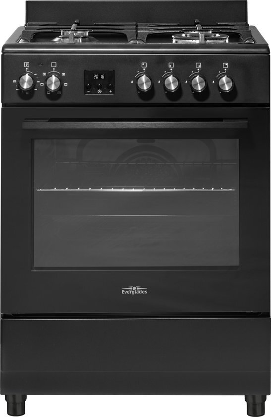 Everglades EVCK6020 - Gasfornuis - Mat Zwart - 60CM - Gietijzeren Pannendragers - Wokbrander - Digitale Timer - 8 Ovenstanden - Hete Lucht Oven - 56 Liter - 5 Jaar Garantie