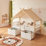 en.casa Kinderbed Surnadal Huisbed met dak 2 lades en trapje 200x90 cm wit en naturel