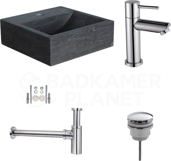 Badkamerplanet Natuursteen Fonteinset Sovana met kraan, afvoer en sifon 30x30x10 cm