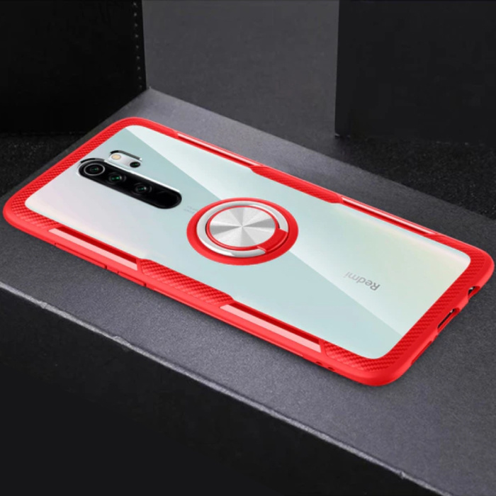 Keysion Keysion Xiaomi Redmi Note 9S Hoesje met Metalen Ring Kickstand - Transparant Shockproof Case Cover PC Rood