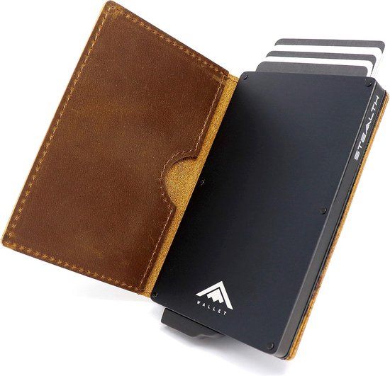 Stealth Wallet Portemonnee Heren - RFID/NFC blokkerende pop-up slimme minimalistische kaarthouders - Zwart Aluminium, Bruin Crazy Horse Leer