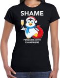 Bellatio Decorations Pinguin Kerstshirt / Kerst t-shirt Shame penguins with champagne zwart voor dames - Kerstkleding / Christmas outfit XS